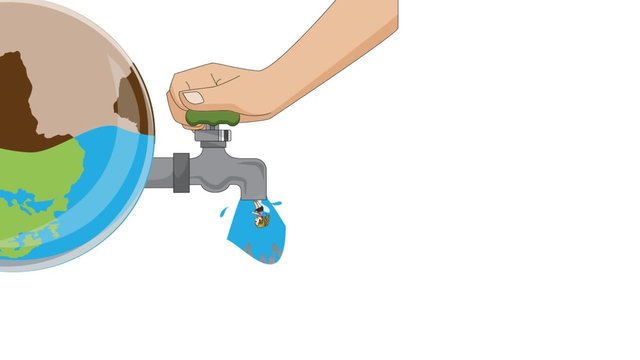 Animation of water from tap faucet flow until the world environment dry out into a dying planet. Pollution and energy conservation concept in 1920x1080 HD