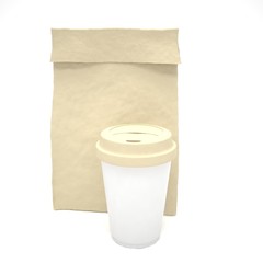 Coffee to go and lunch bag, on white.