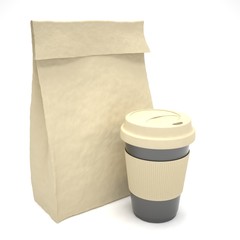 Coffee to go and lunch bag, on white.