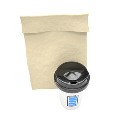 Coffee to go and lunch bag, on white.