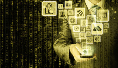 Business man using smart phone with social media icon set