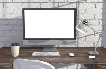 Fototapeta premium 3D illustration PC screen on table in office, Workspace