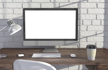 Fototapeta premium 3D illustration PC screen on table in office, Workspace