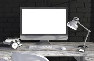 Fototapeta premium 3D illustration PC screen on table in office, Workspace