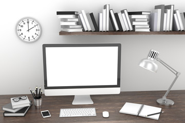 3D illustration PC screen on table in office, Workspace