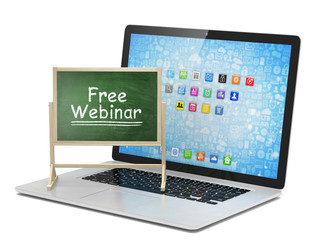 Laptop with chalkboard, free webinar, online education concept