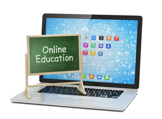  Laptop with chalkboard, online education concept