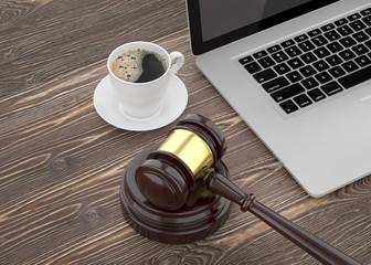 Gavel, laptop and coffee