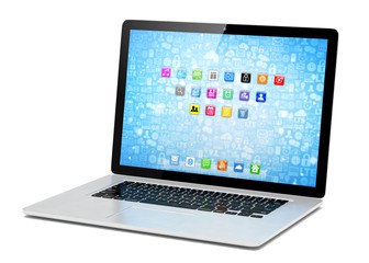 3d rendering of a laptop with blue wallpaper with app icon