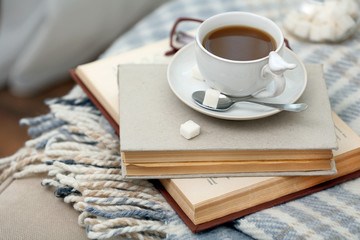 Cup of coffee with books on sofa in living room