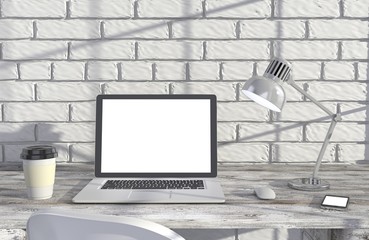 Fototapeta premium 3D illustration laptop and work stuff on table near brick wall