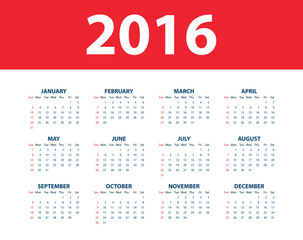 Calendar for the year 2016. Vector illustration.