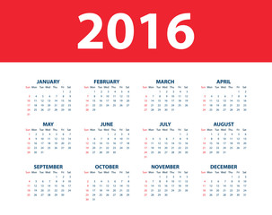 Calendar for the year 2016. Vector illustration.