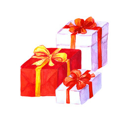 Obraz premium Present boxes with ribbon and bow. Watercolor