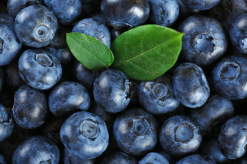 Tasty ripe blueberries with green leaves close up