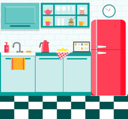 flat retro kitchen with checkered floor. vector illustration