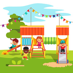 Obraz na płótnie Canvas Kindergarten park playground slide with kids