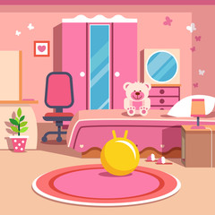 Girls all pink bedroom interior