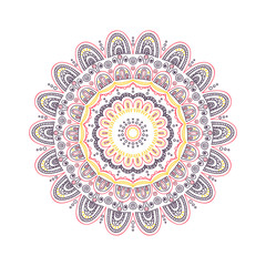 Vector hand drawn doodle mandala. Round ethnic ornaments. Yellow, red, brown and dark violet colors.