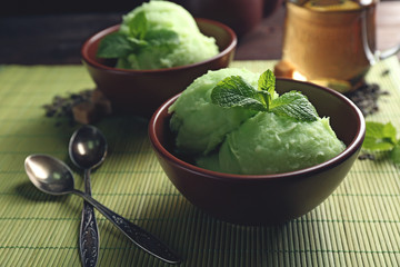 Homemade Green tea ice-cream on dark wooden background
