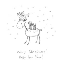 Holiday childish christmas card with cute deer 