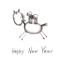 New year greeting card with holiday horse 