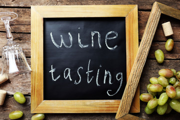Composition of grape, frame and empty glass on wooden background