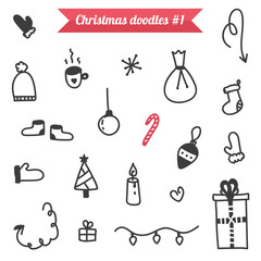 Hand-drawn Christmas doodles isolated on white background.
Winter stuff doodle, sketch.