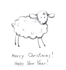 Christmas sheep - pencil painted sketch. Christmas greeting card