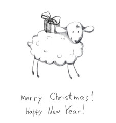 Christmas sheep - pencil painted sketch. New year postcard 