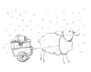 Christmas sheep and sledge with gift box. Pencil painted sketch