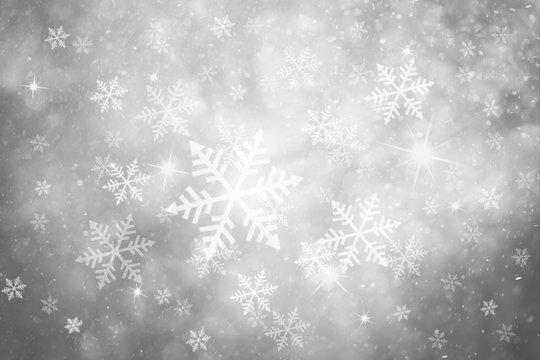 Beautiful silver colored abstract snowfall Christmas and New Year illustration background with sparkle. Beautiful silver colored greeting card with copy space background.