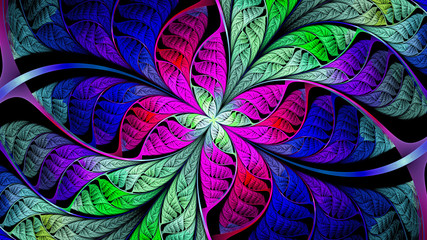 Obraz na płótnie Canvas Extraordinarily beautiful colorful stained glass. Leaves are fabulous plants. Abstract. Fractal Wallpaper on your desktop. Widescreen. Digital artwork for creative graphic design. Dark background.