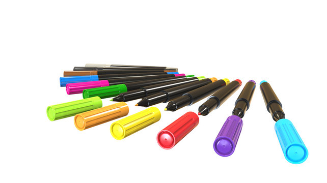 colourful pens on ground open caps markers