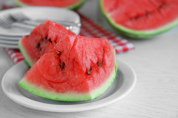 Sliced watermelon on plate closeup