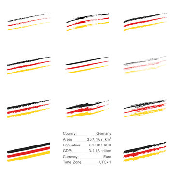 Germany horizontal flag colored hand drawn lines set with different looks like brush, chalk, ink, paint and main informations about the country. 