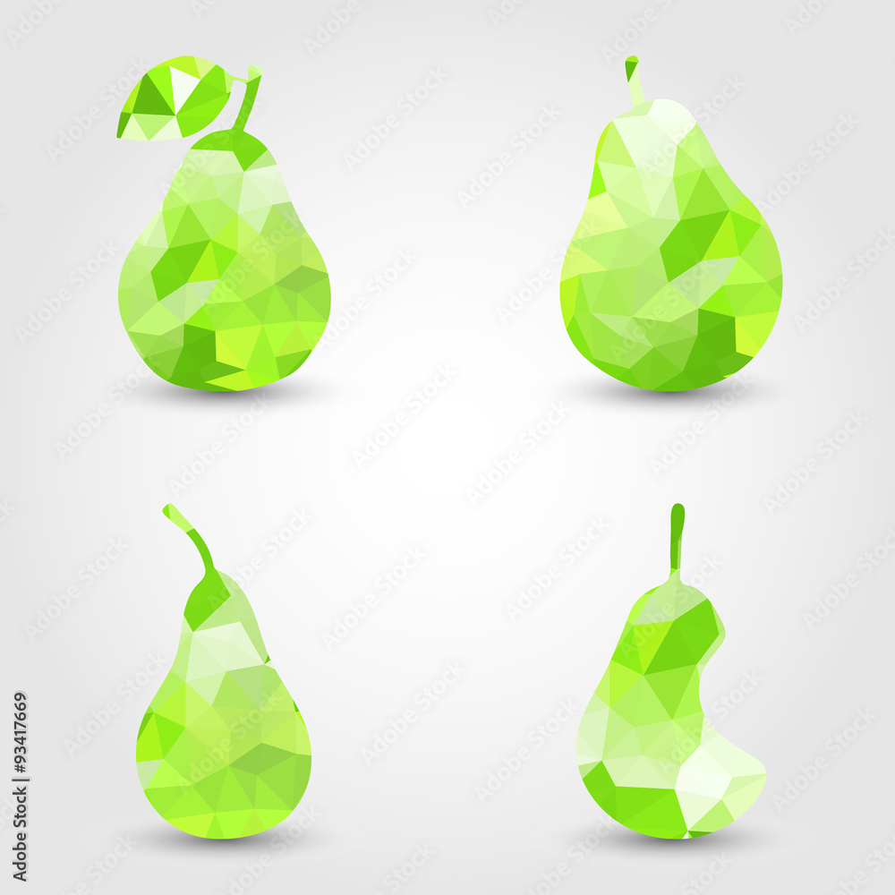 Aufkleber collection of green pear polygon icon in modern style with shadow and gray background. bright geomet