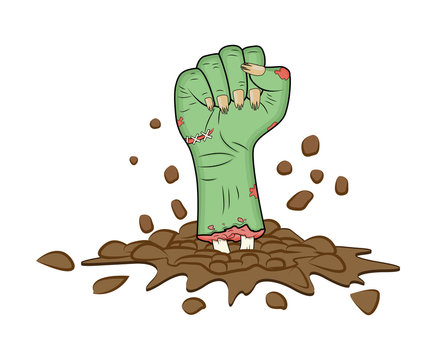 Zombie hand, Fist gesture out of ground halloween vector - realistic cartoon isolated illustration. Image of scary monster fist gesture with bones out green skin. Picture isolated on white background.