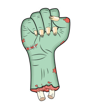 Zombie hand, Fist gesture halloween vector - realistic cartoon isolated illustration. Image of scary monster fist gesture with bones out green skin. Picture isolated on white background.
