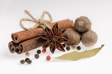 whole set of spices on the white background