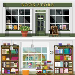 Set of vector detailed flat design bookstore facade and interior. Cool graphic interior design for book shop with books, book cases, shelves, places for reading. Flat style vector illustration.