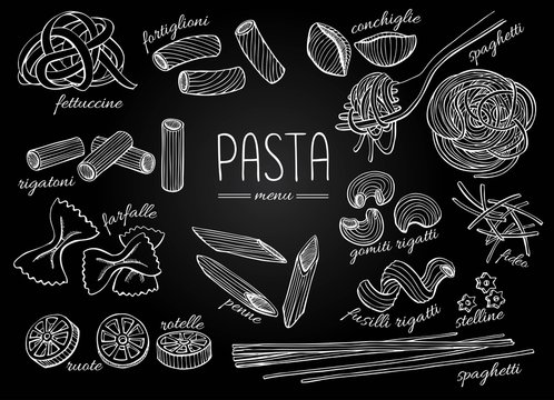 Vector hand drawn pasta menu. Vintage chalkborad line art illust