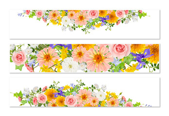 Three flower banners with white background and drop shadows