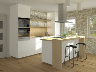 Kleine Einbauküche mit Holz und Kochtheke