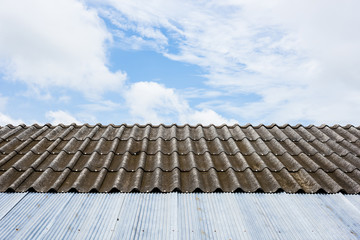 sky and clouds with old and dirty grey roof.