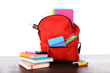 Red bag with school equipment on wooden table isolated on white
