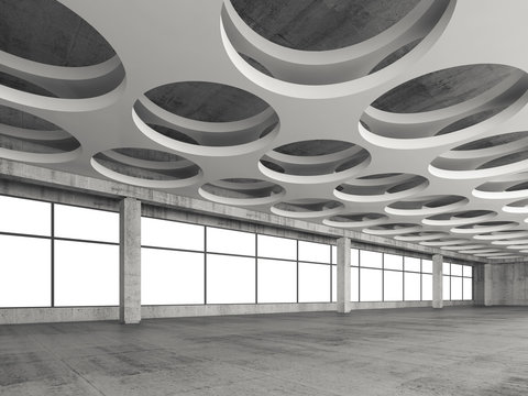 Interior with round holes ceiling pattern, 3d
