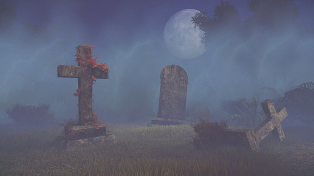 Mystical night at abandoned spooky cemetery under big full moon. Realistic three dimensional animation.