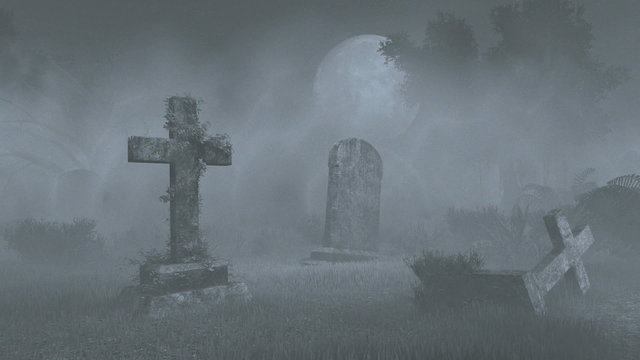 Abandoned cemetery with decaing gravestones and silhouette of witch on broomstick against big full moon in the distance. Monochrome