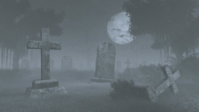 Old decaing tombstones at abandoned spooky graveyard under big full moon. Time lapse. Monochromatic three dimensional animation.